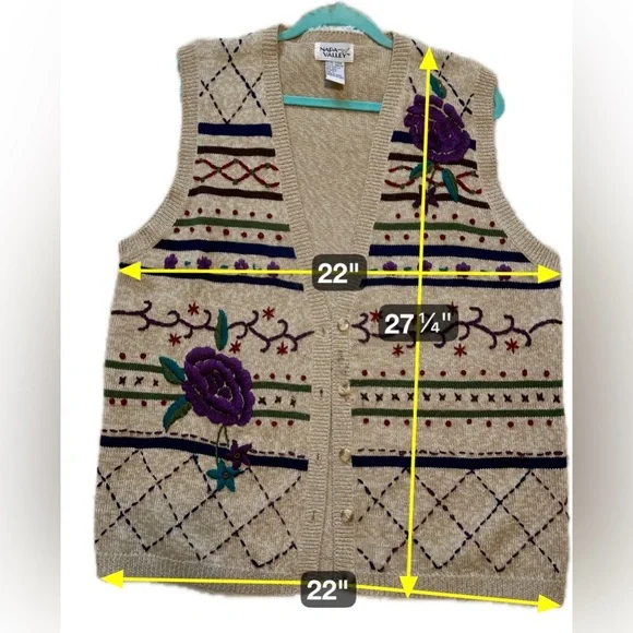 Napa Valley Tan Floral Embroidered Knit Sweater Vest Boho Grannycore Indie Large - Picture 8 of 10